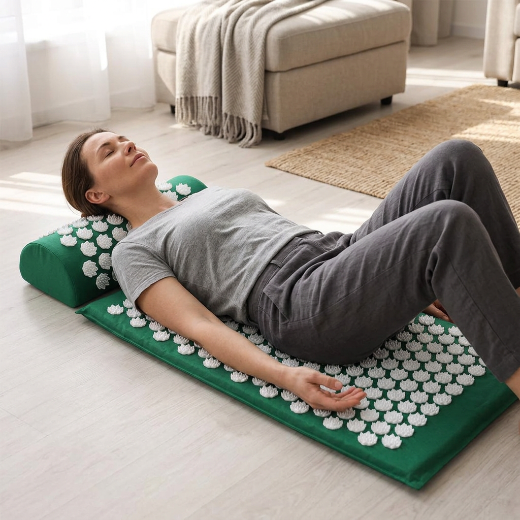 Adult reclining on a green acupressure mat with matching neck cushion