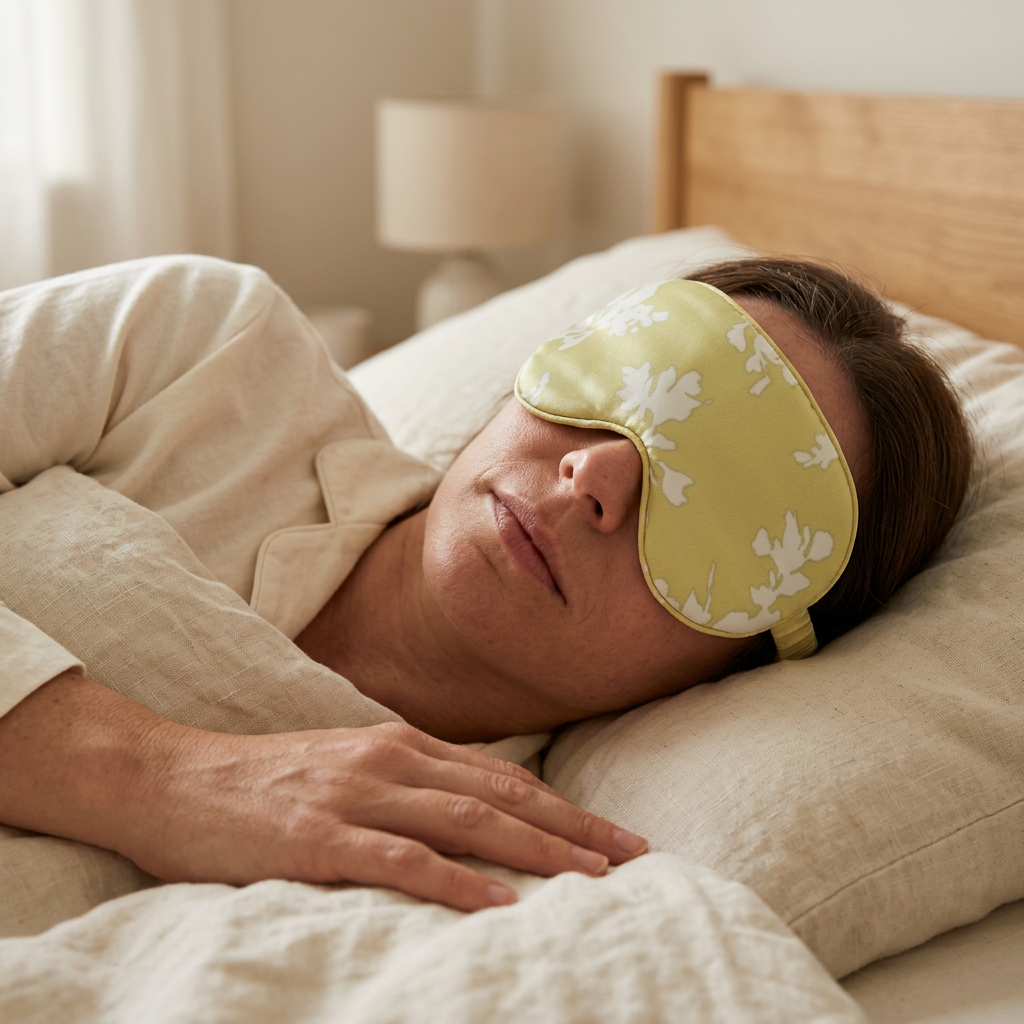 Adult resting while wearing the floral silk sleep eye mask