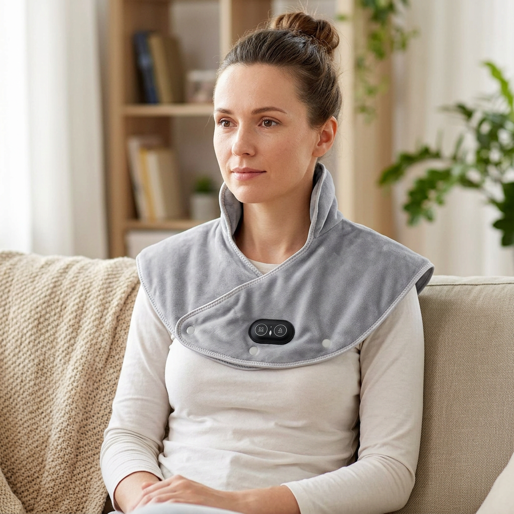 Adult wearing the grey neck and shoulder heating pad at home