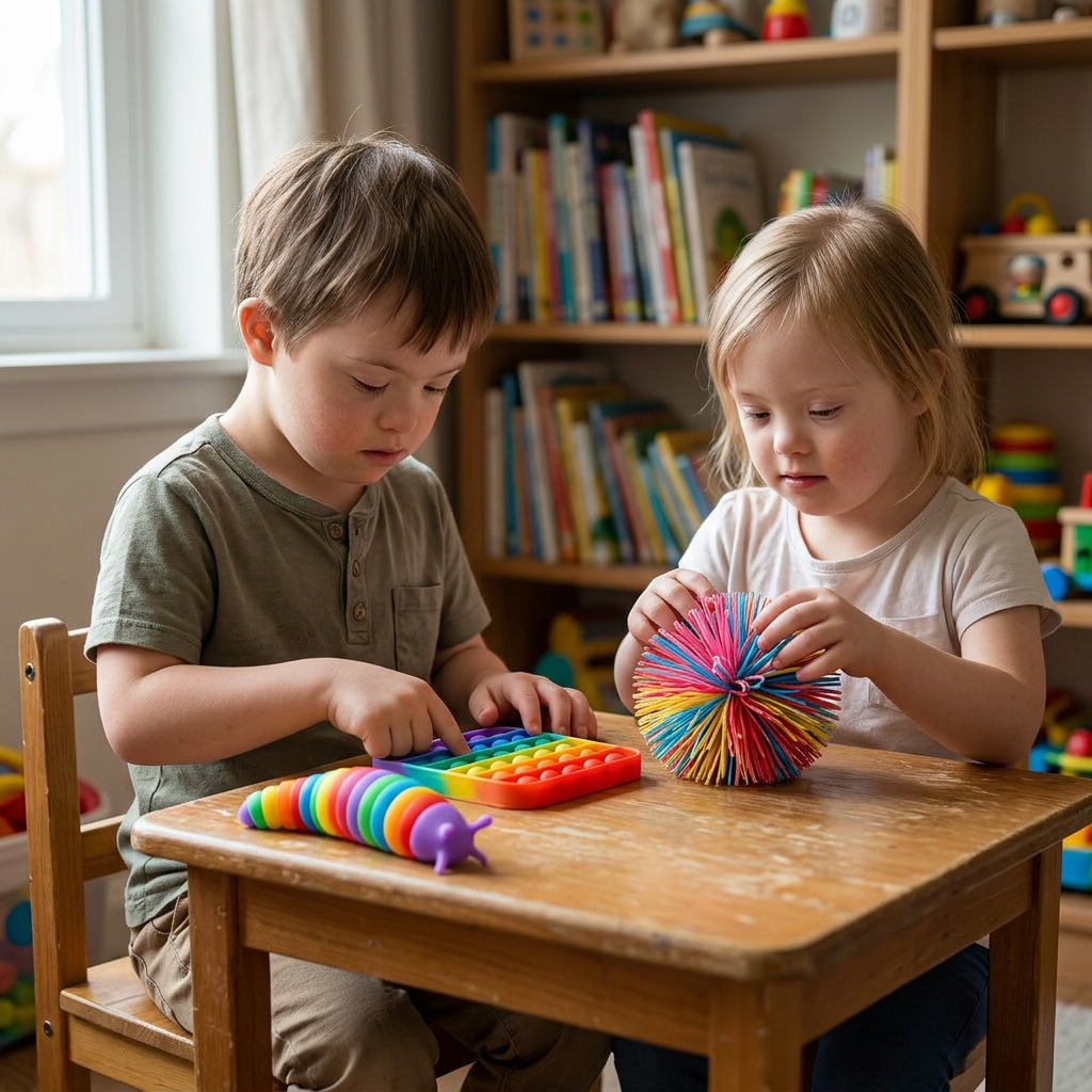AI-generated realistic scene of children with Down syndrome using DA SENSORY fidget toys