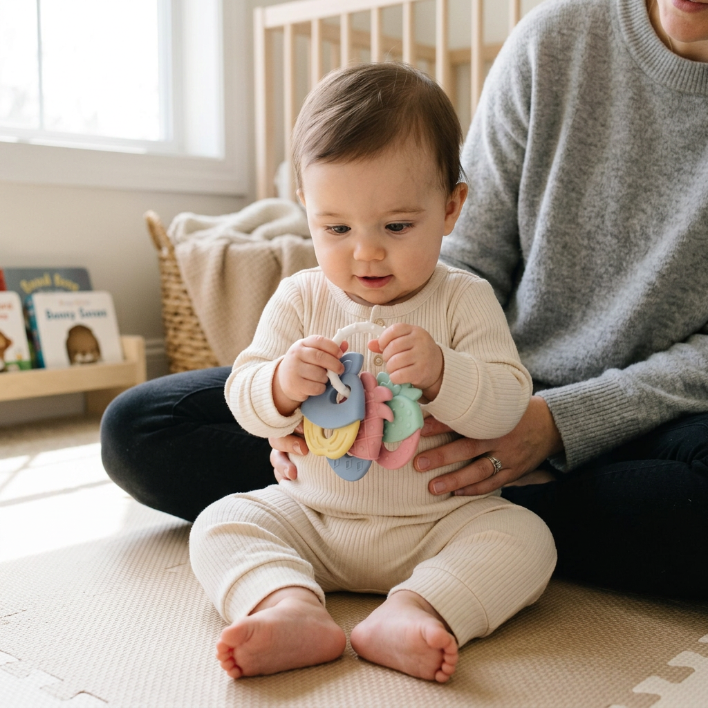Baby holding a pastel silicone fruit teether on a caregiver’s lap