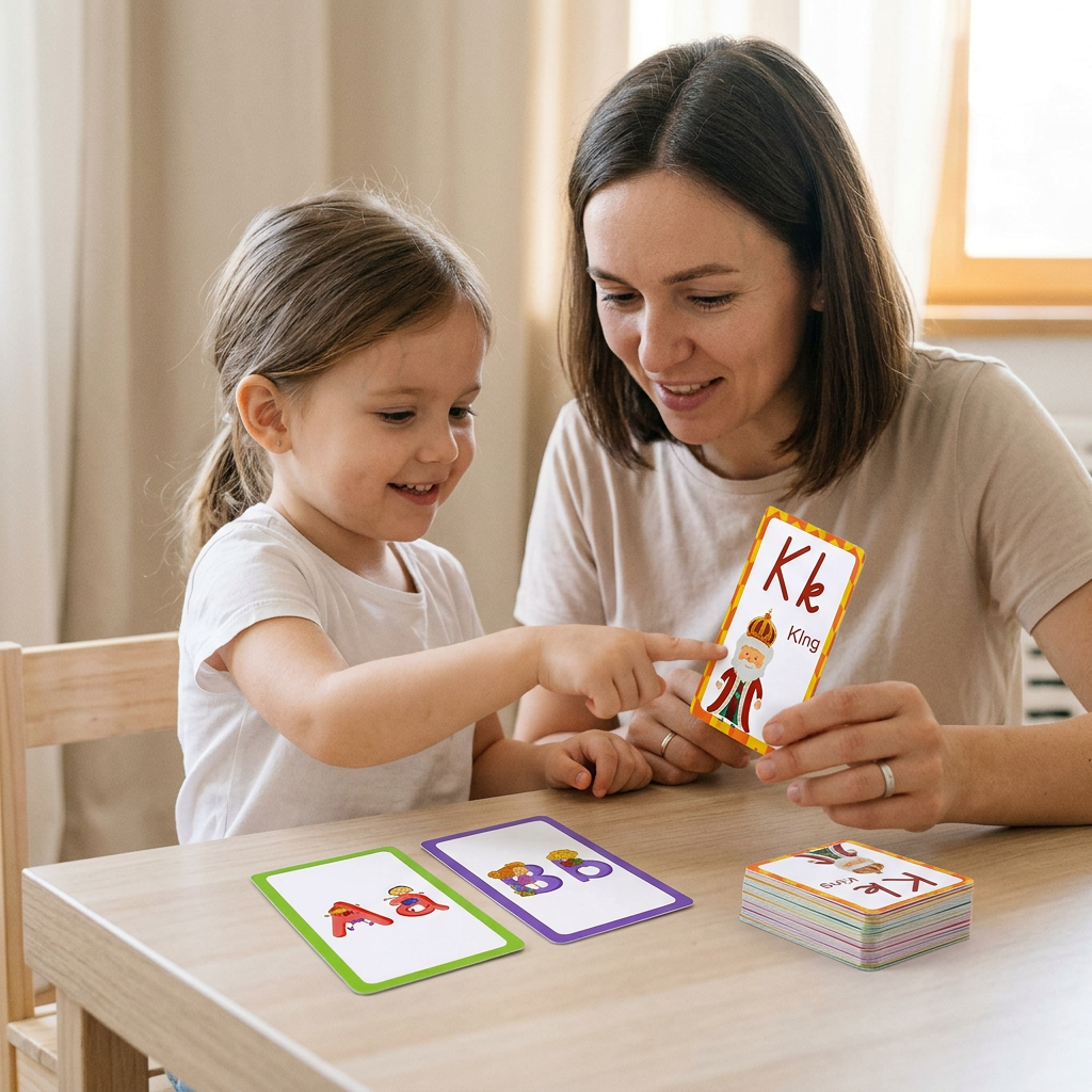 Child and caregiver exploring colourful alphabet flash cards