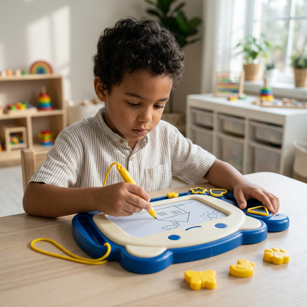 Child drawing on a blue bear-shaped magnetic drawing board