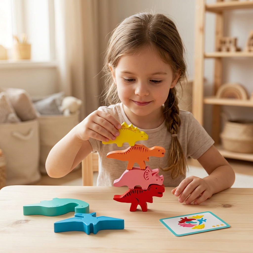 Child playing with colourful wooden dinosaur stacking toys