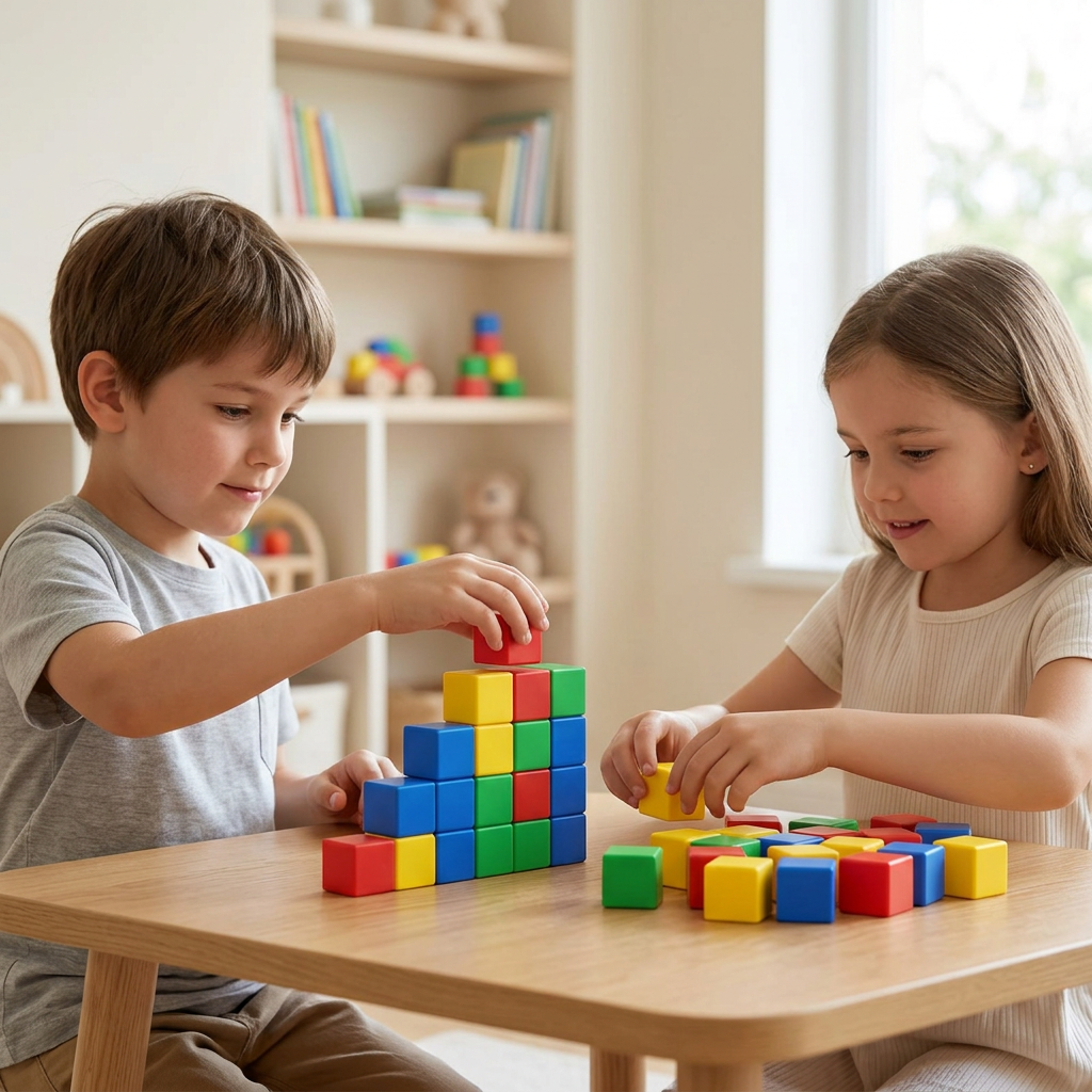 Children playing with colourful magnetic building cubes