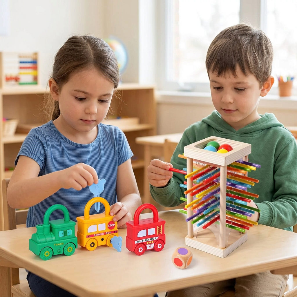 Children playing with learning locks and keys and a wooden counting sticks game