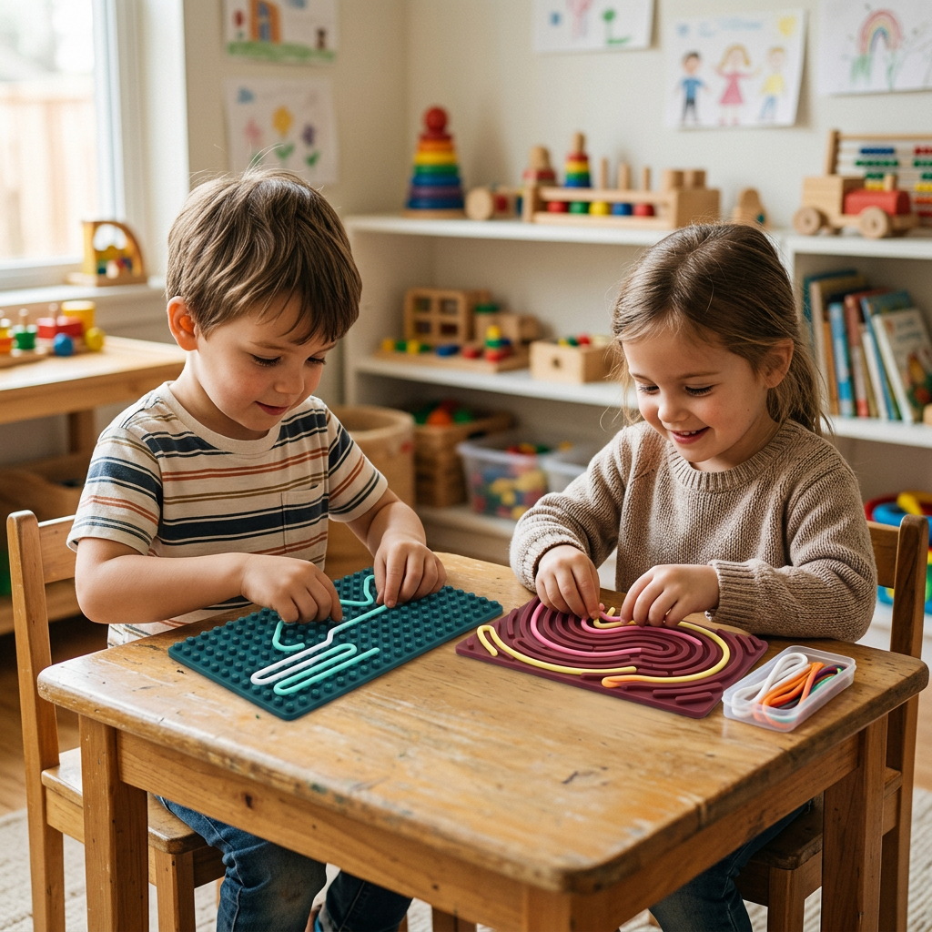Children playing with silicone twist busy boards