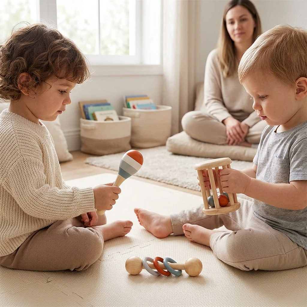 Children playing with the wooden musical instrument set