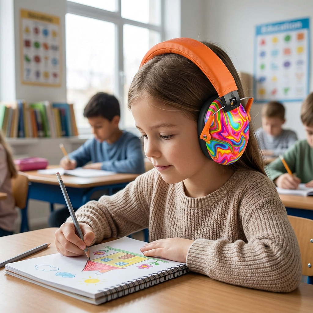 Girl drawing in a classroom wearing colourful ear defenders