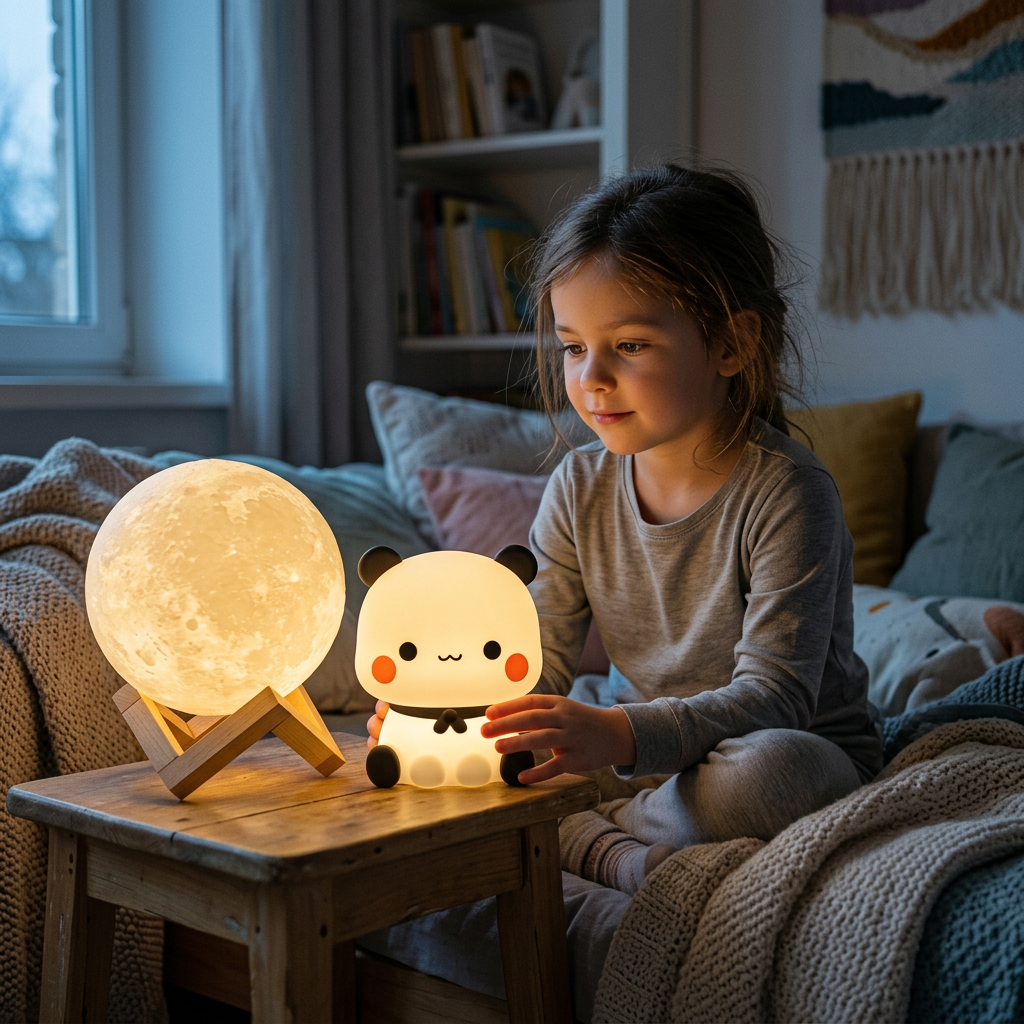 Girl in a cosy reading corner beside a moon lamp and panda nightlight