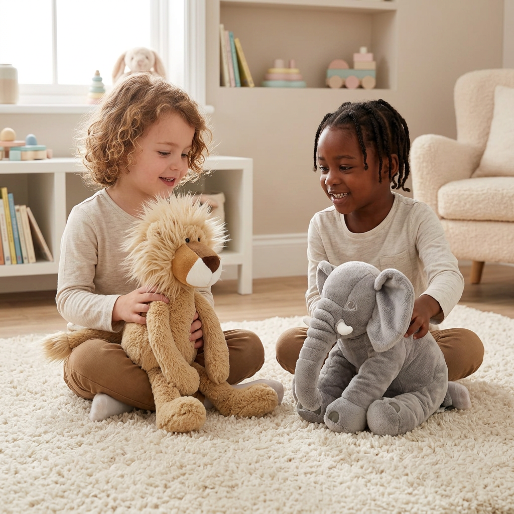 Kids playing with DA SENSORY lion and elephant plush toys