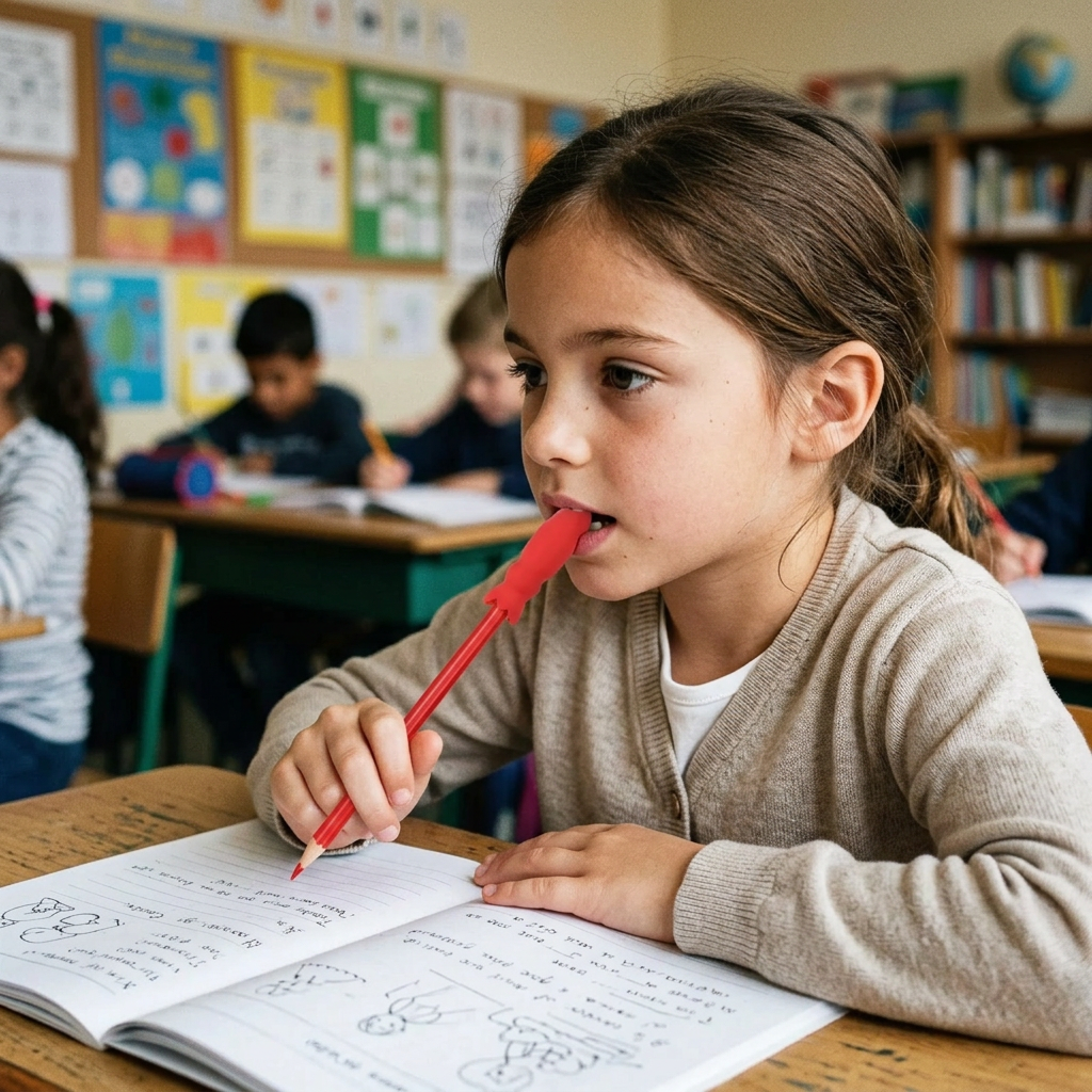 Realistic classroom scene with a girl using a red silicone pencil topper