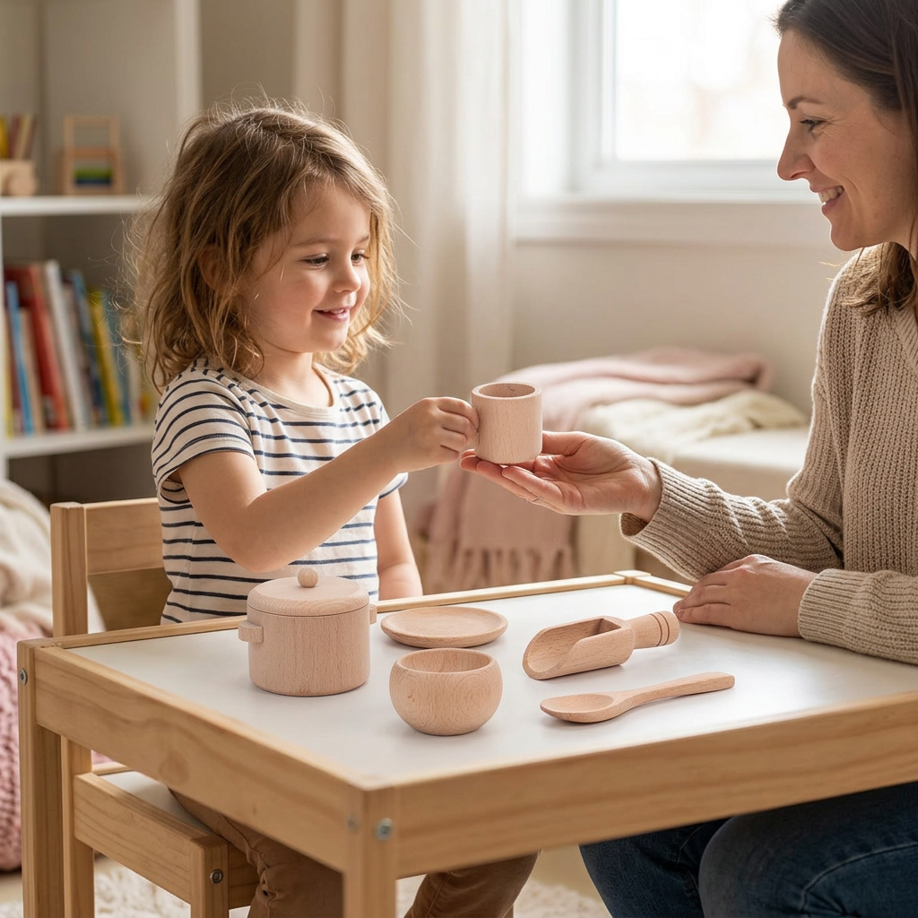 Realistic pretend tea time with the wooden kitchen tea set
